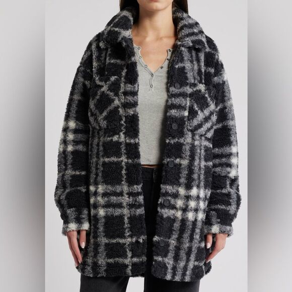 NWT Thread & Supply Oversized Plaid Fleece Shacket Shirt Jacket, Blk/Ivry, Sz L - Picture 1 of 5